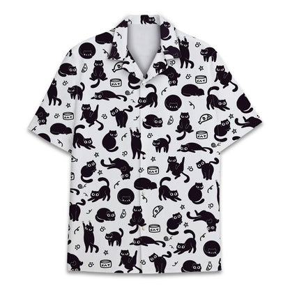White hawaiian shirt with black cat silhouettes and paw prints pattern, back view 2
