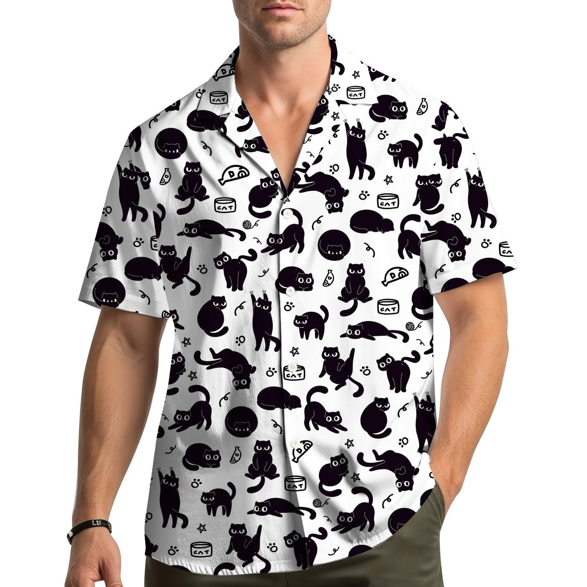 White hawaiian shirt with black cat silhouettes and paw prints pattern, back view