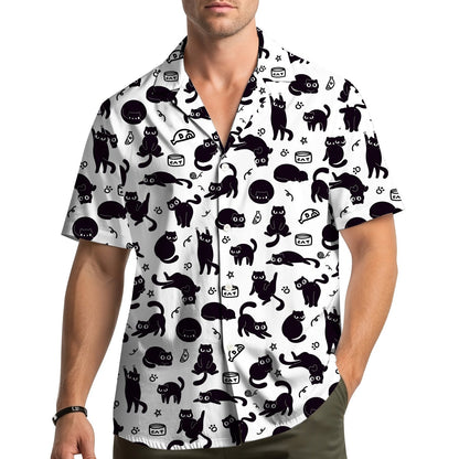 White hawaiian shirt with black cat silhouettes and paw prints pattern, back view