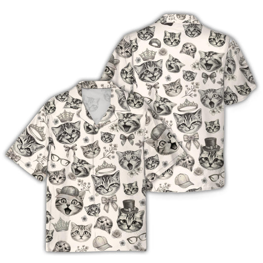 Cats hawaiian shirt featuring sketched cat faces on an off-white background.