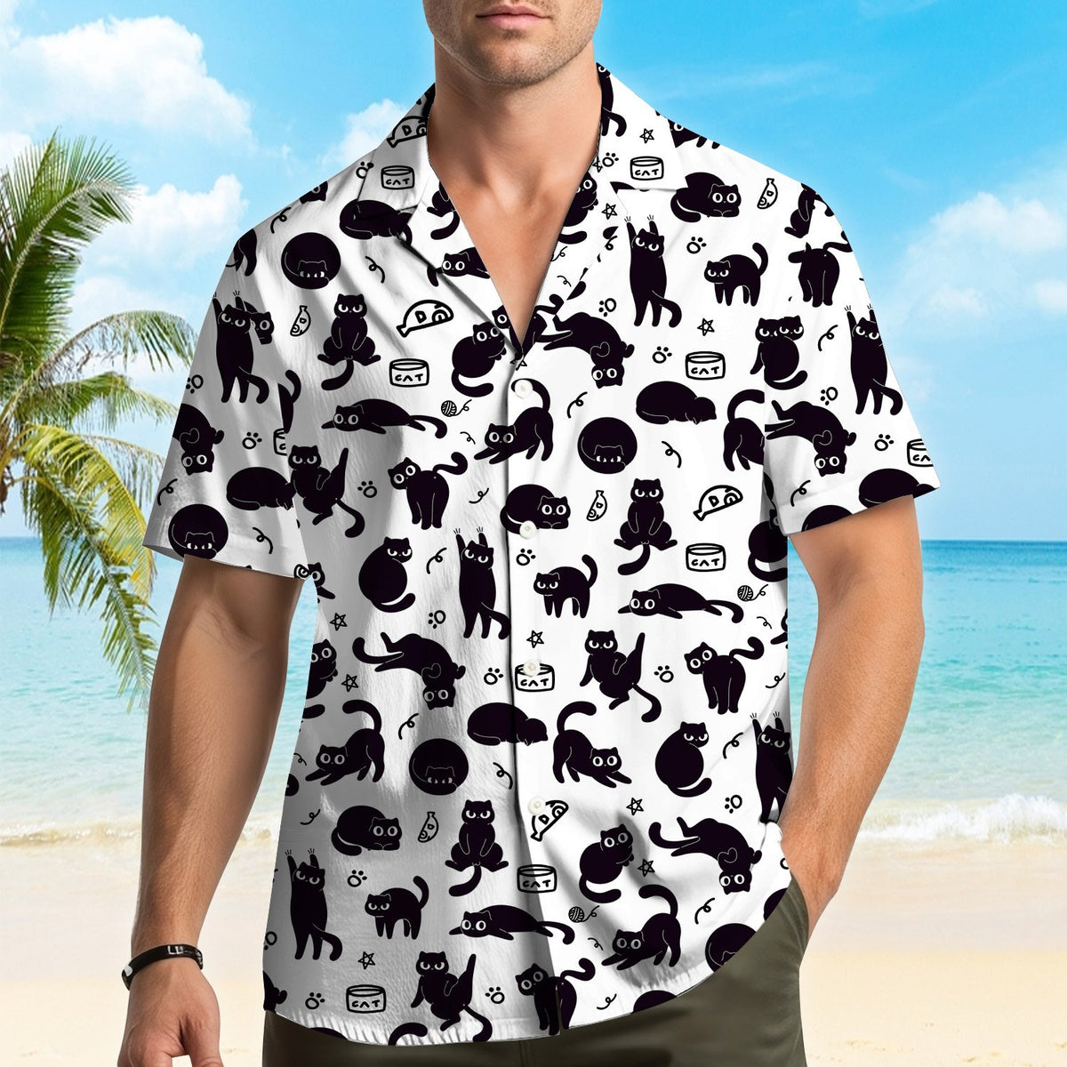 White hawaiian shirt with black cat silhouettes and paw prints pattern, front view 2