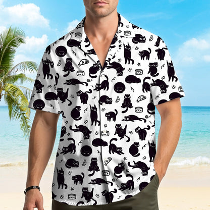 White hawaiian shirt with black cat silhouettes and paw prints pattern, front view 2