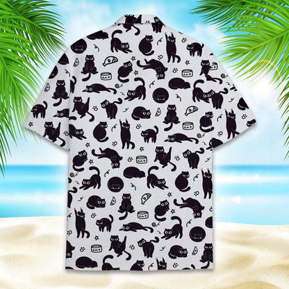 White hawaiian shirt with black cat silhouettes and paw prints pattern, front view 3