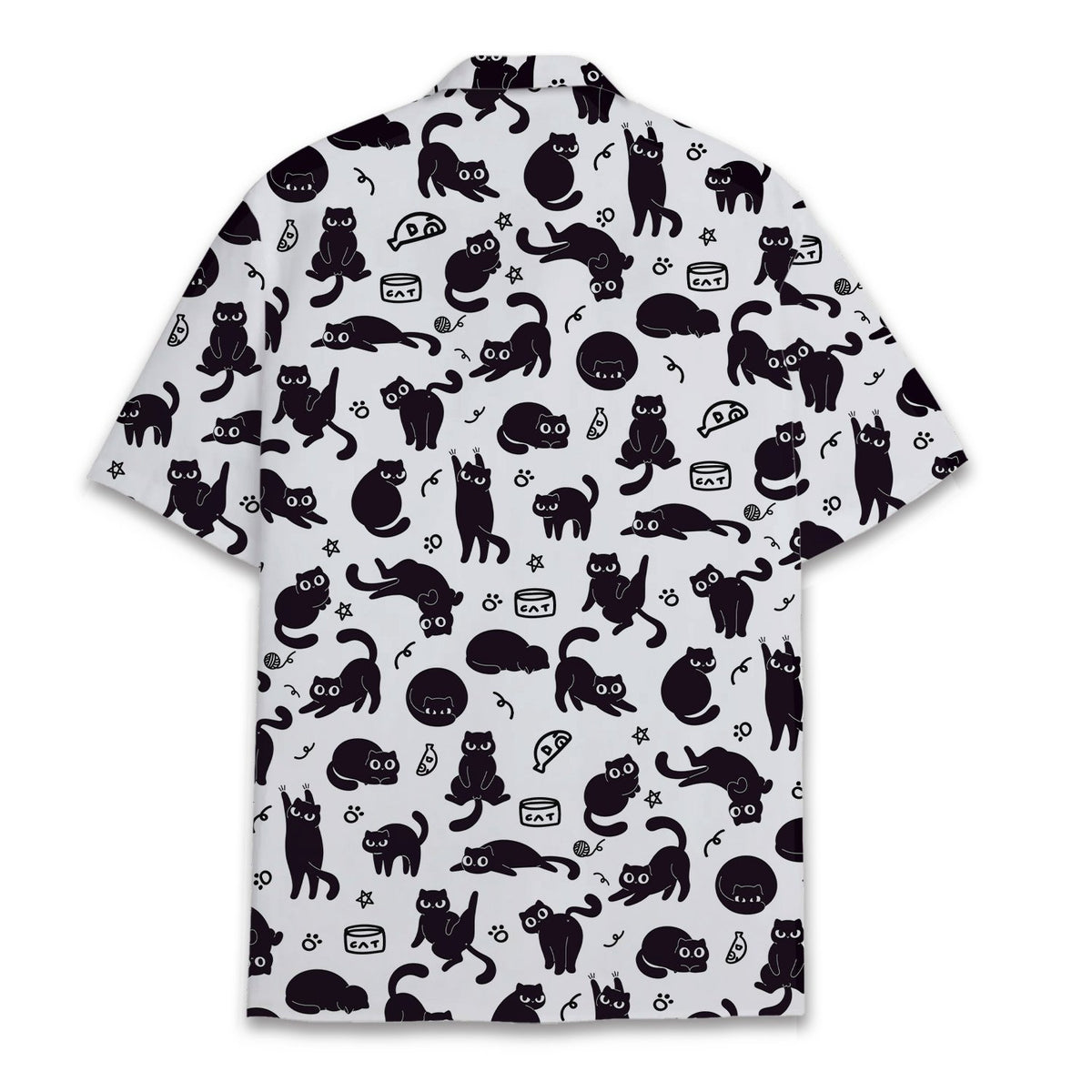 White hawaiian shirt with black cat silhouettes and paw prints pattern, front view 4