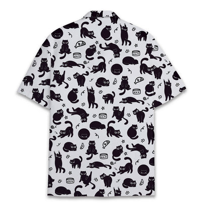 White hawaiian shirt with black cat silhouettes and paw prints pattern, front view 4