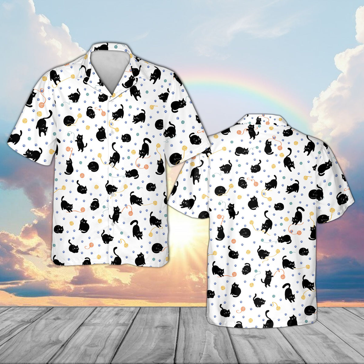 White matching family Hawaiian shirt with playful cats pattern front view