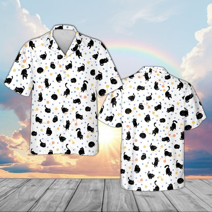 White matching family Hawaiian shirt with playful cats pattern front view