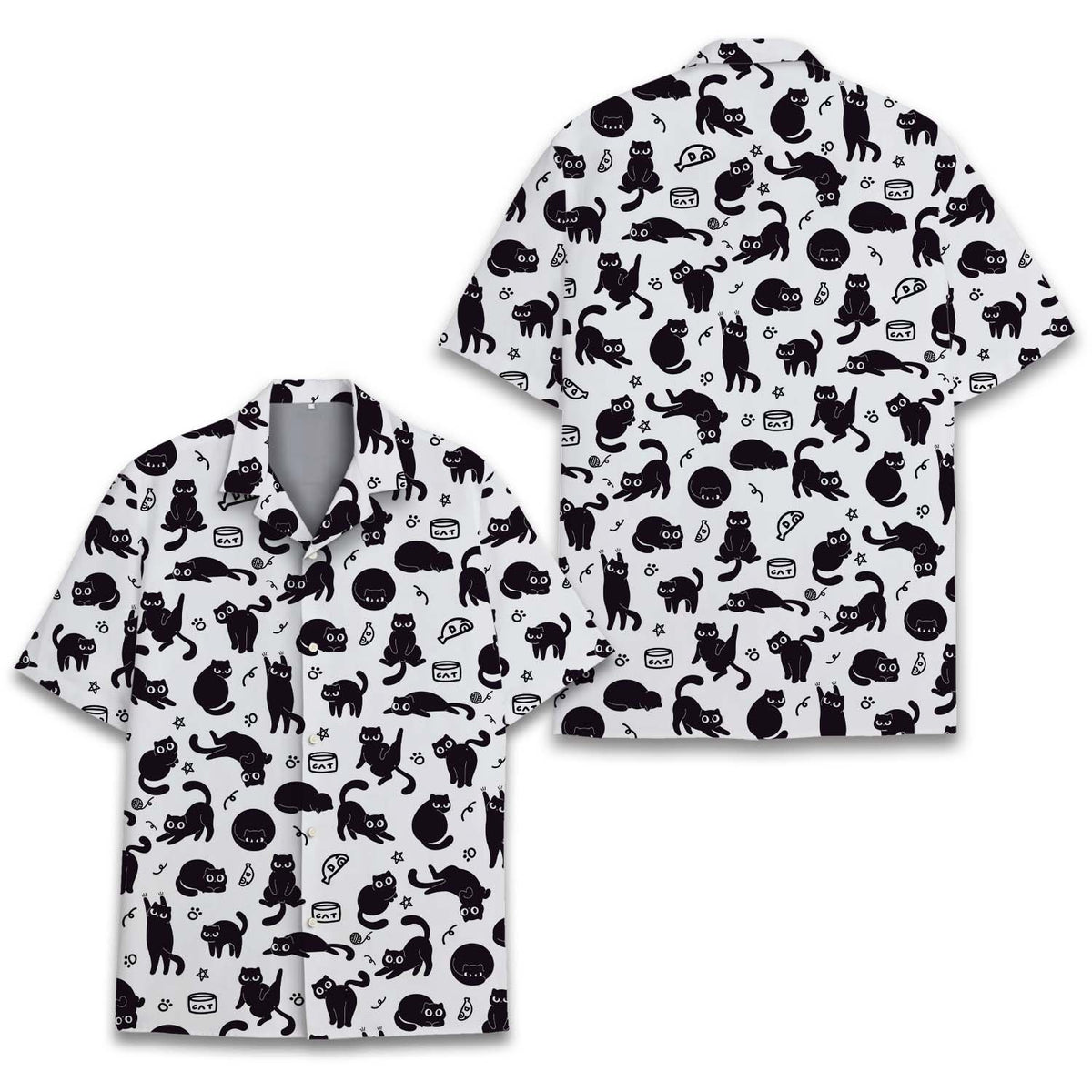 White hawaiian shirt with black cat silhouettes and paw prints pattern, main view