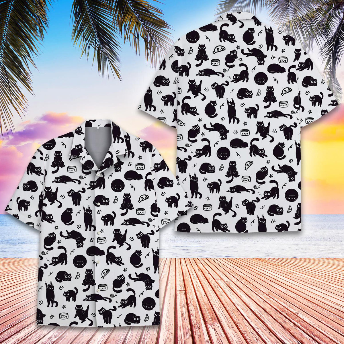 Lifestyle view 2 of someone wearing a white hawaiian shirt with black cats