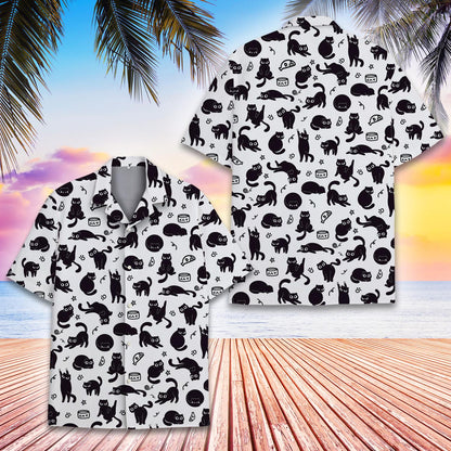 Lifestyle view 2 of someone wearing a white hawaiian shirt with black cats