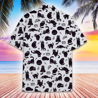 Lifestyle view 3 of someone wearing a white hawaiian shirt with black cats