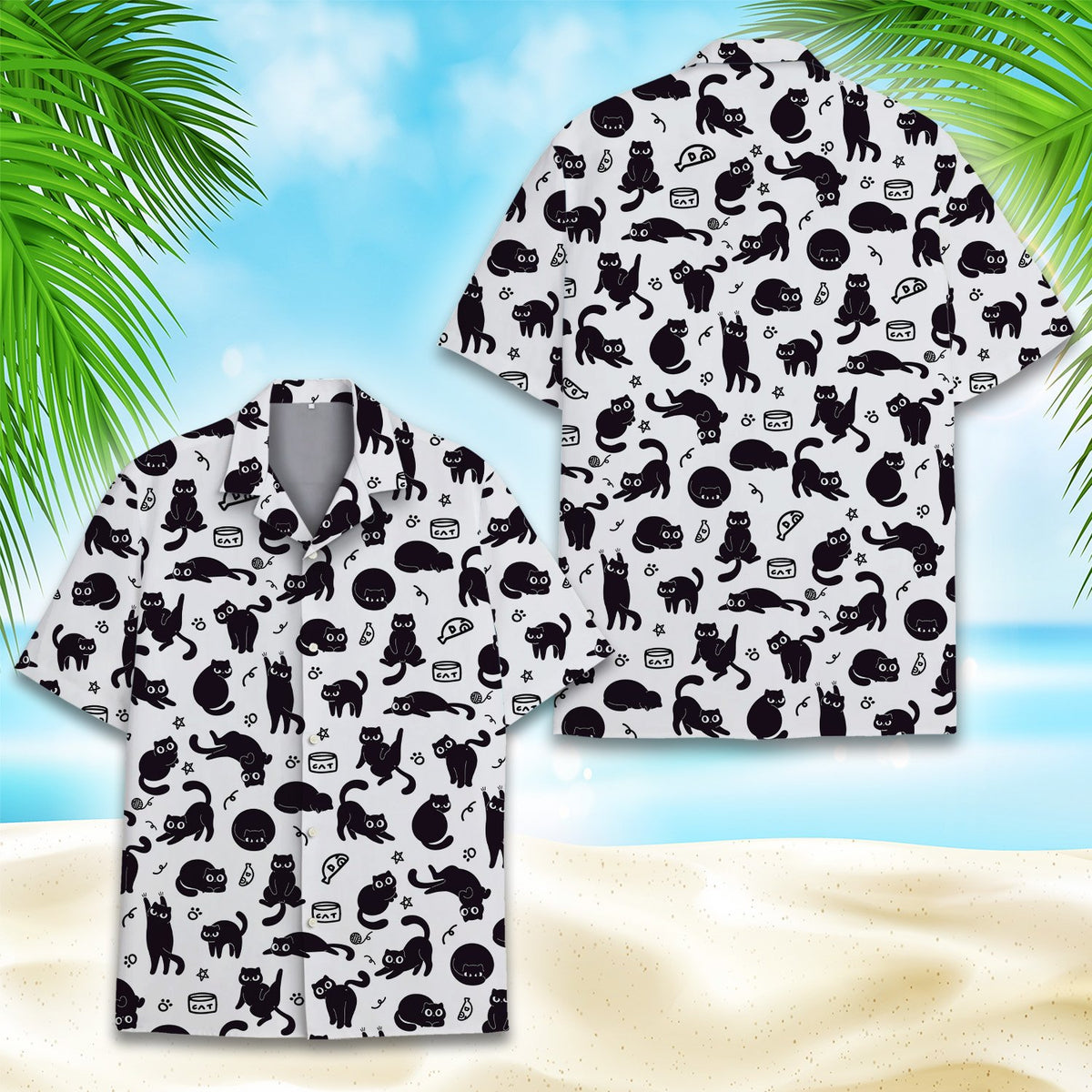 Lifestyle view of someone wearing a white hawaiian shirt with black cats