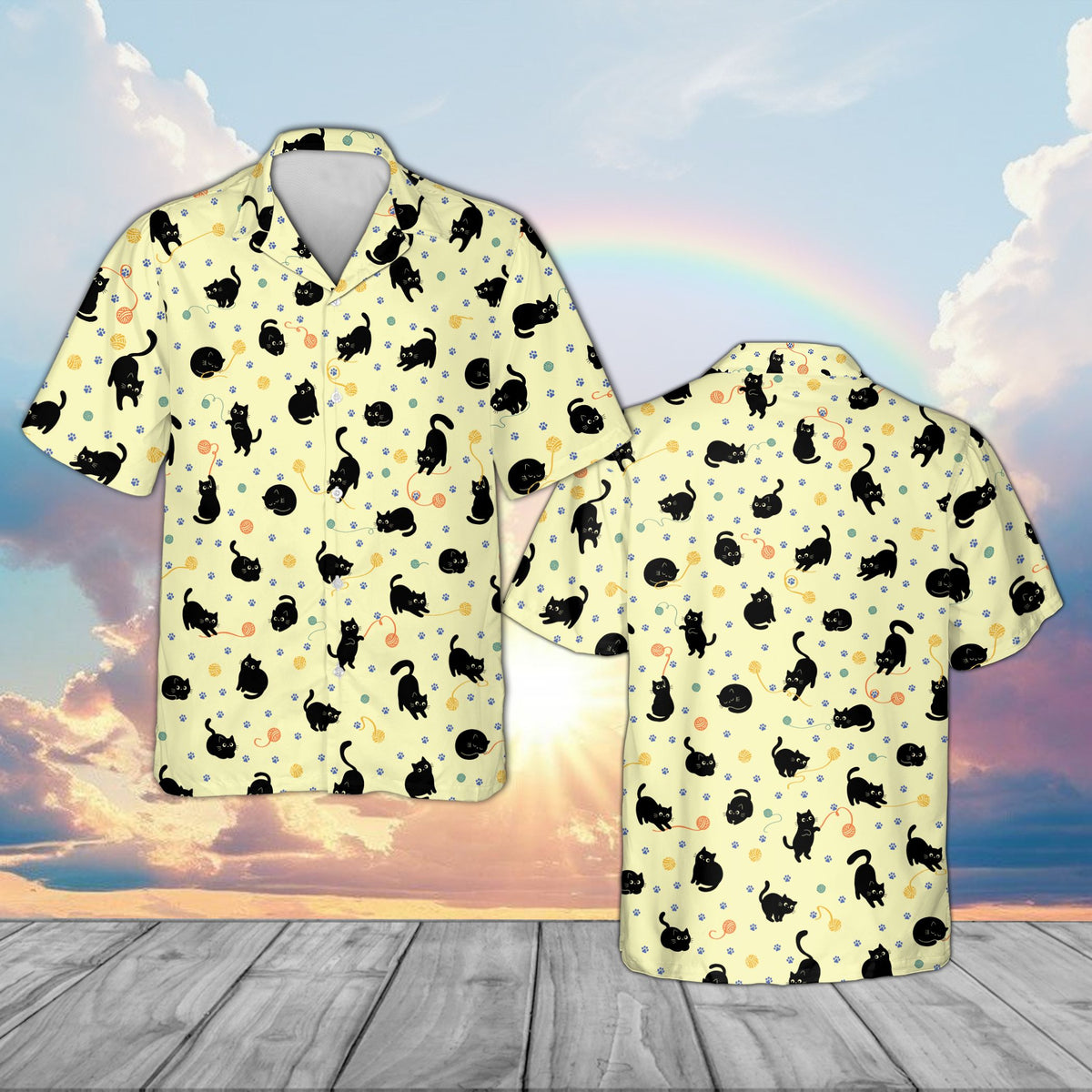Matching family Hawaiian shirt in yellow with cartoon cats front view