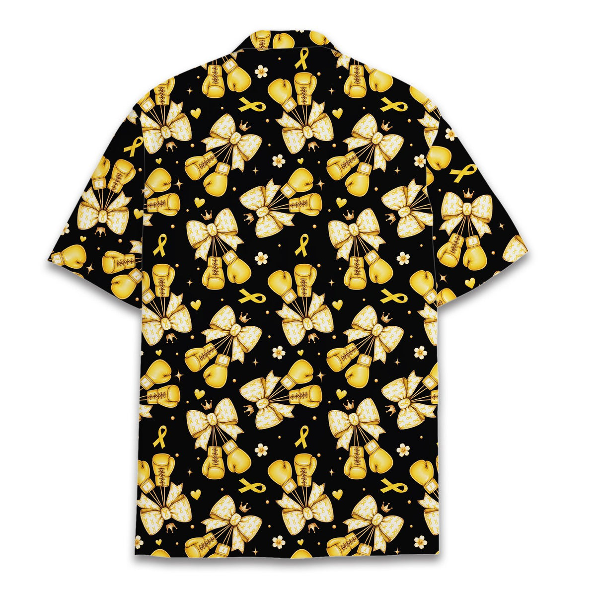 Back view of the childhood hawaiian shirt featuring gold bows and ribbons