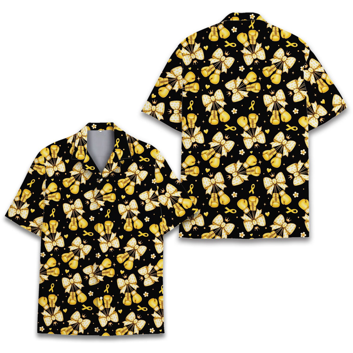 Front view of the black childhood cancer awareness hawaiian shirt