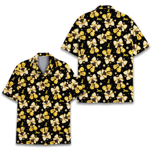Black childhood hawaiian shirt with golden boxing gloves and awareness ribbons, main view