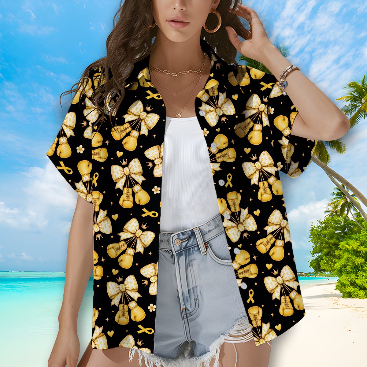 Family lifestyle shot wearing the black childhood hawaiian shirt