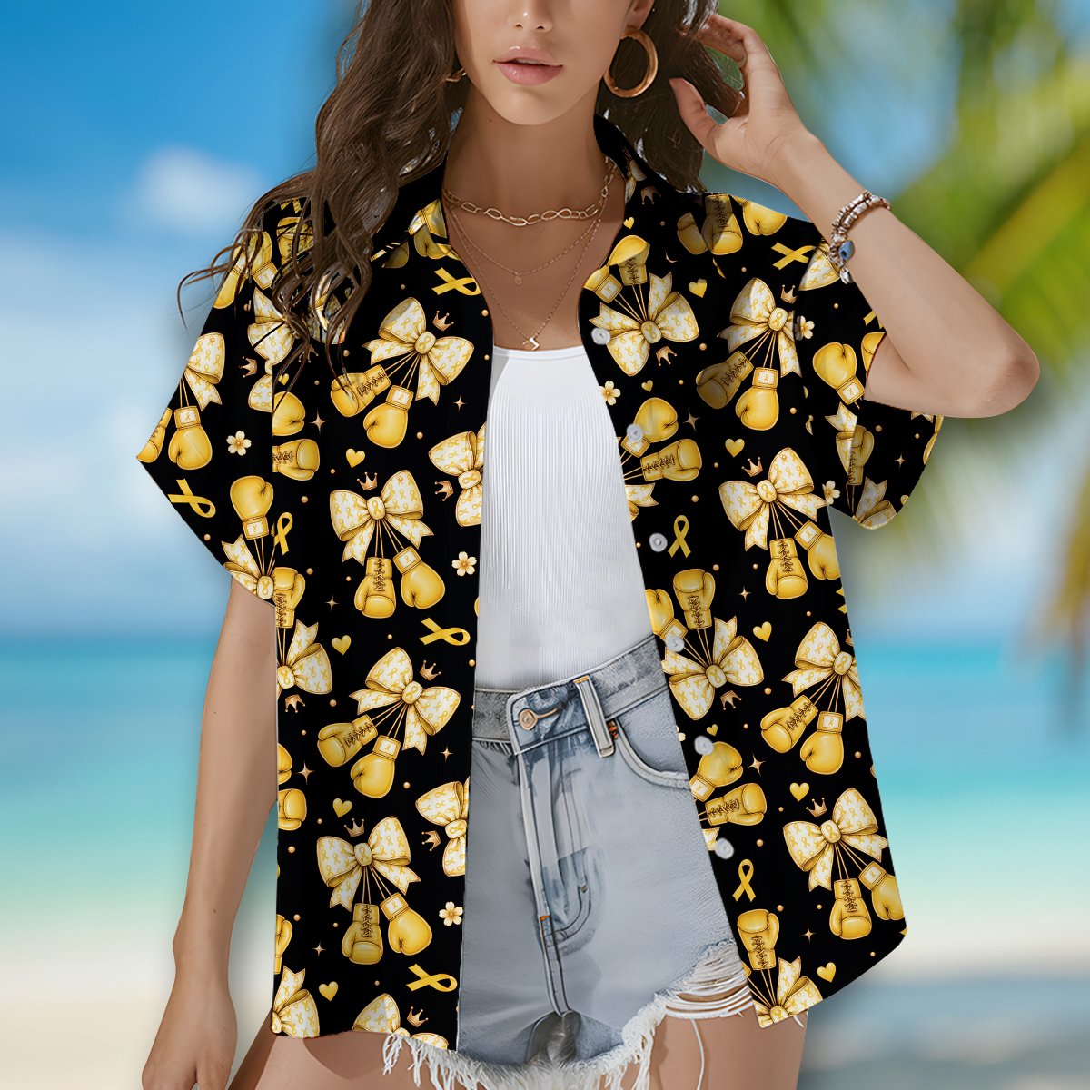 Close up lifestyle shot of the childhood cancer awareness hawaiian shirt