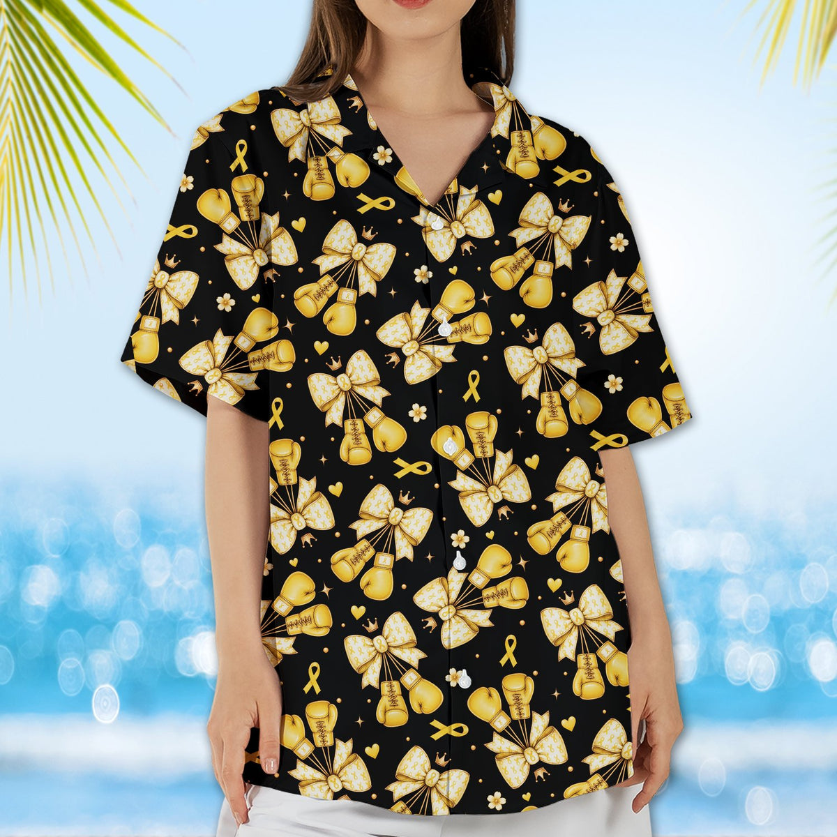 Lifestyle image of the golden boxing glove patterned hawaiian shirt