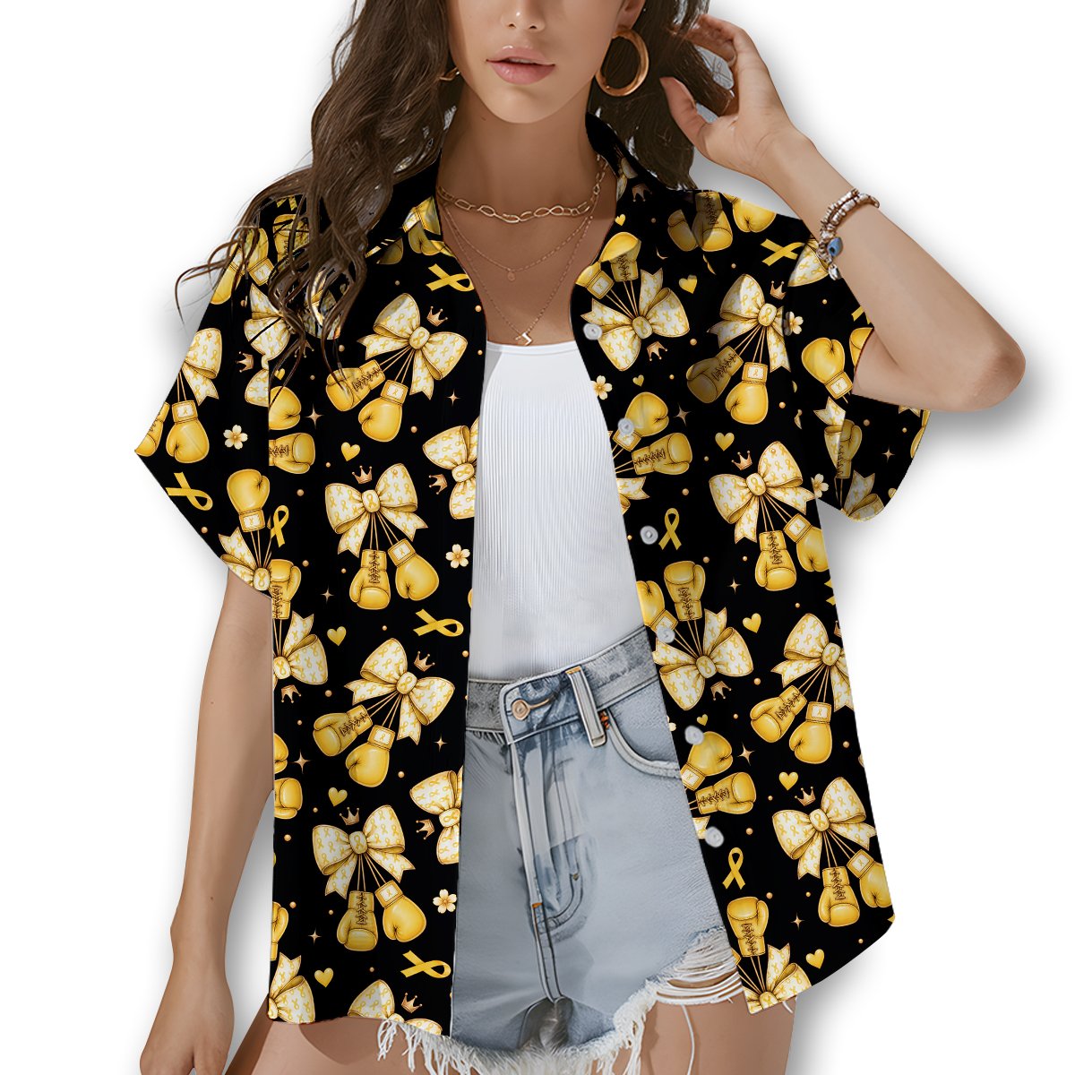 Lifestyle view of matching family hawaiian shirts with boxing glove design
