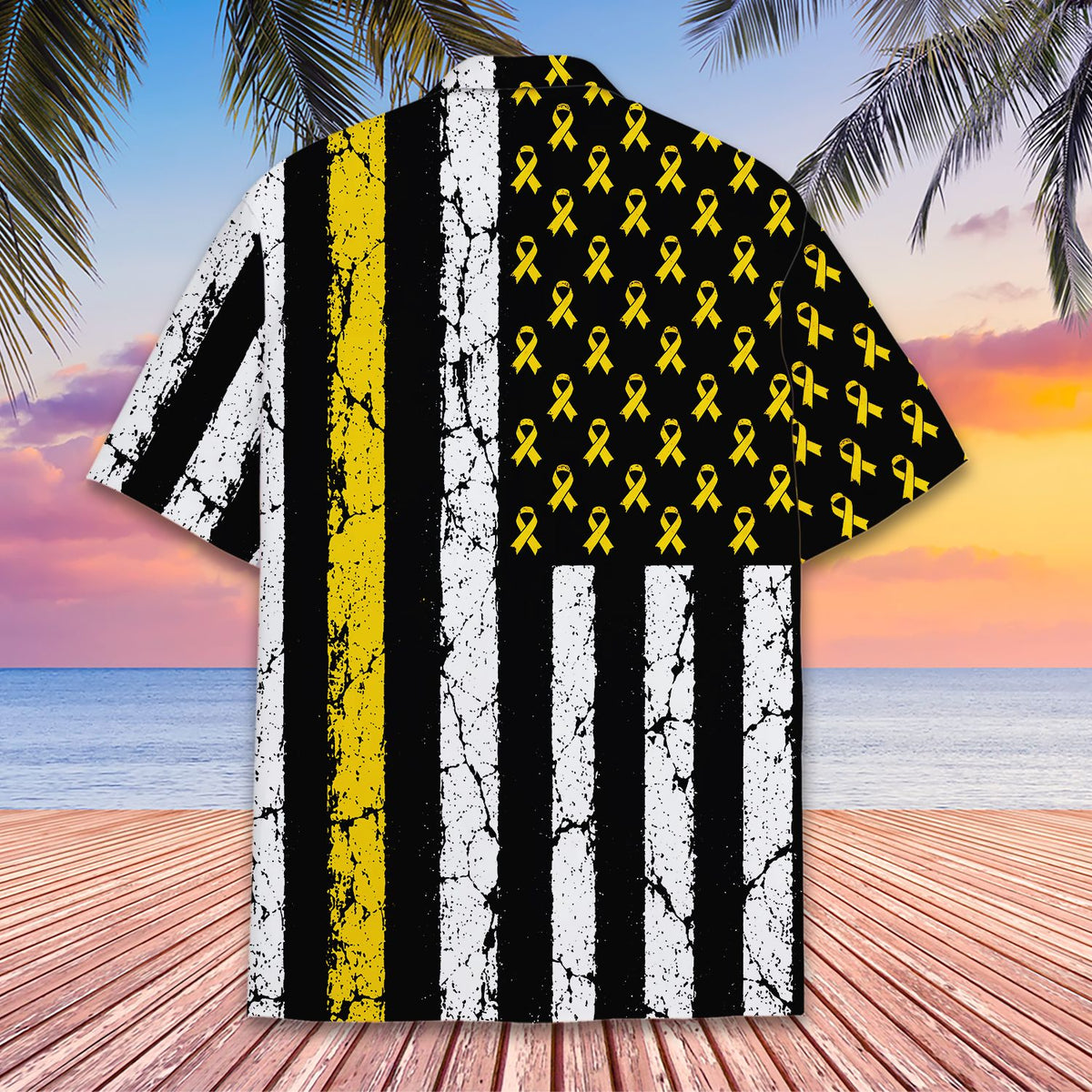 Childhood cancer awareness hawaiian shirt distressed flag, alternate back view