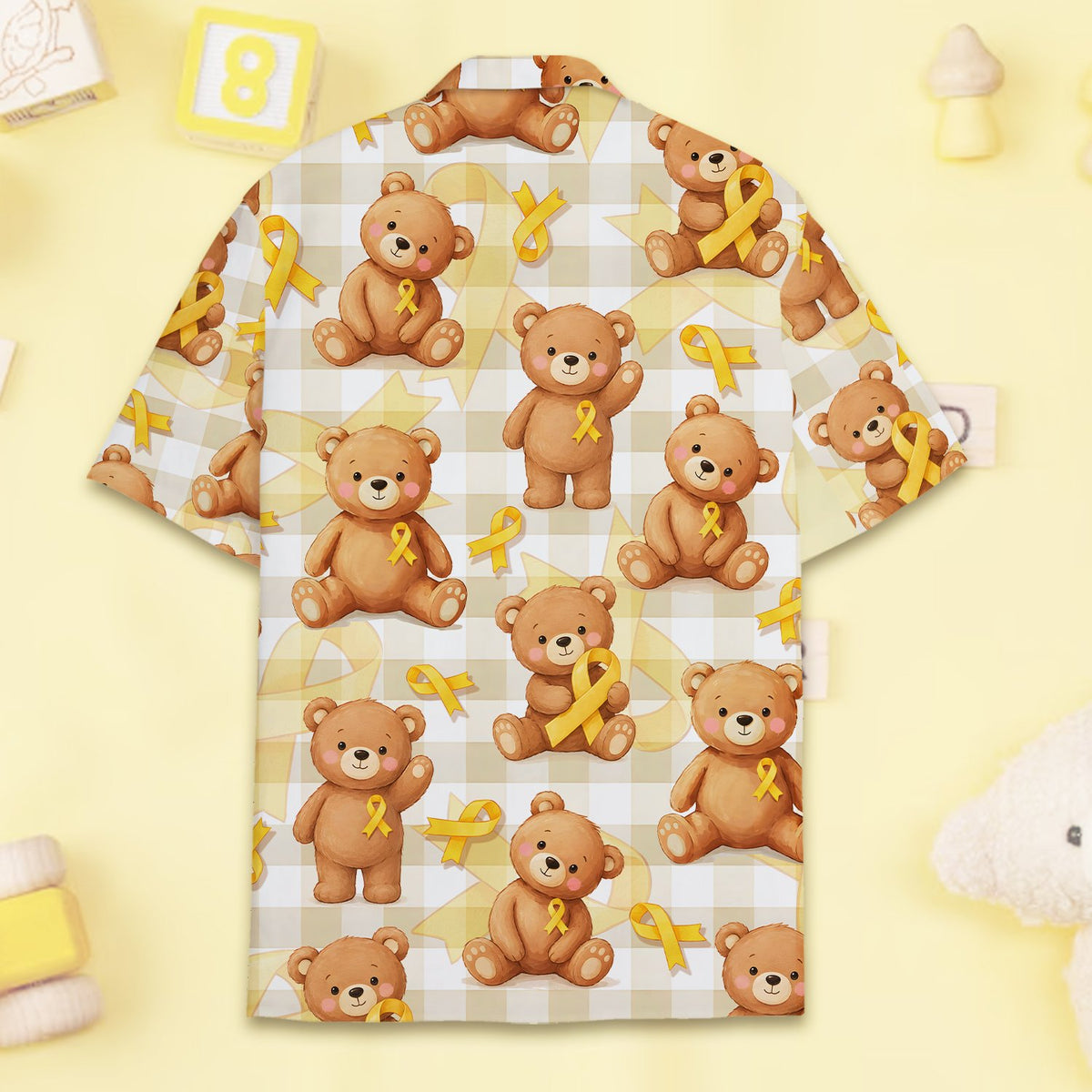 Detailed back view of the white childhood hawaiian shirt with teddy bear illustrations
