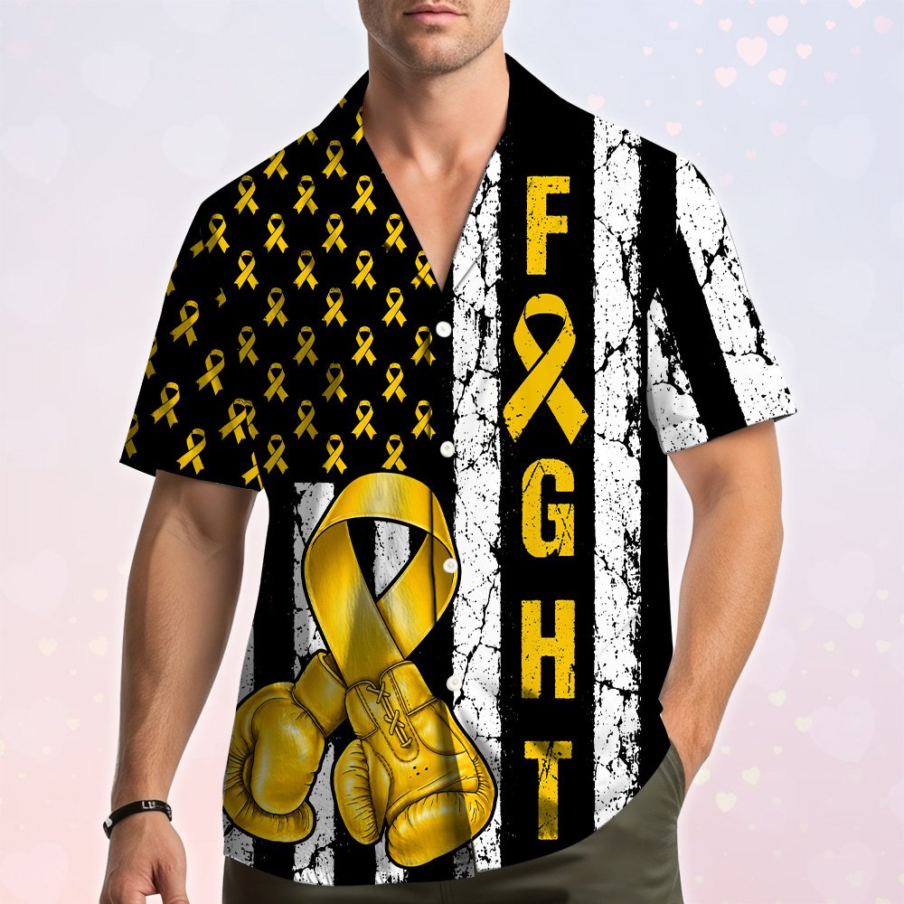 Childhood cancer awareness hawaiian shirt with yellow ribbons, back view