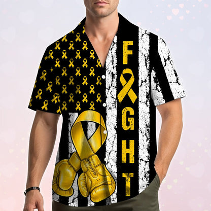 Childhood cancer awareness hawaiian shirt with yellow ribbons, back view