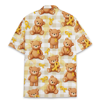 Back view of the childhood cancer awareness hawaiian shirt with plaid and yellow ribbons