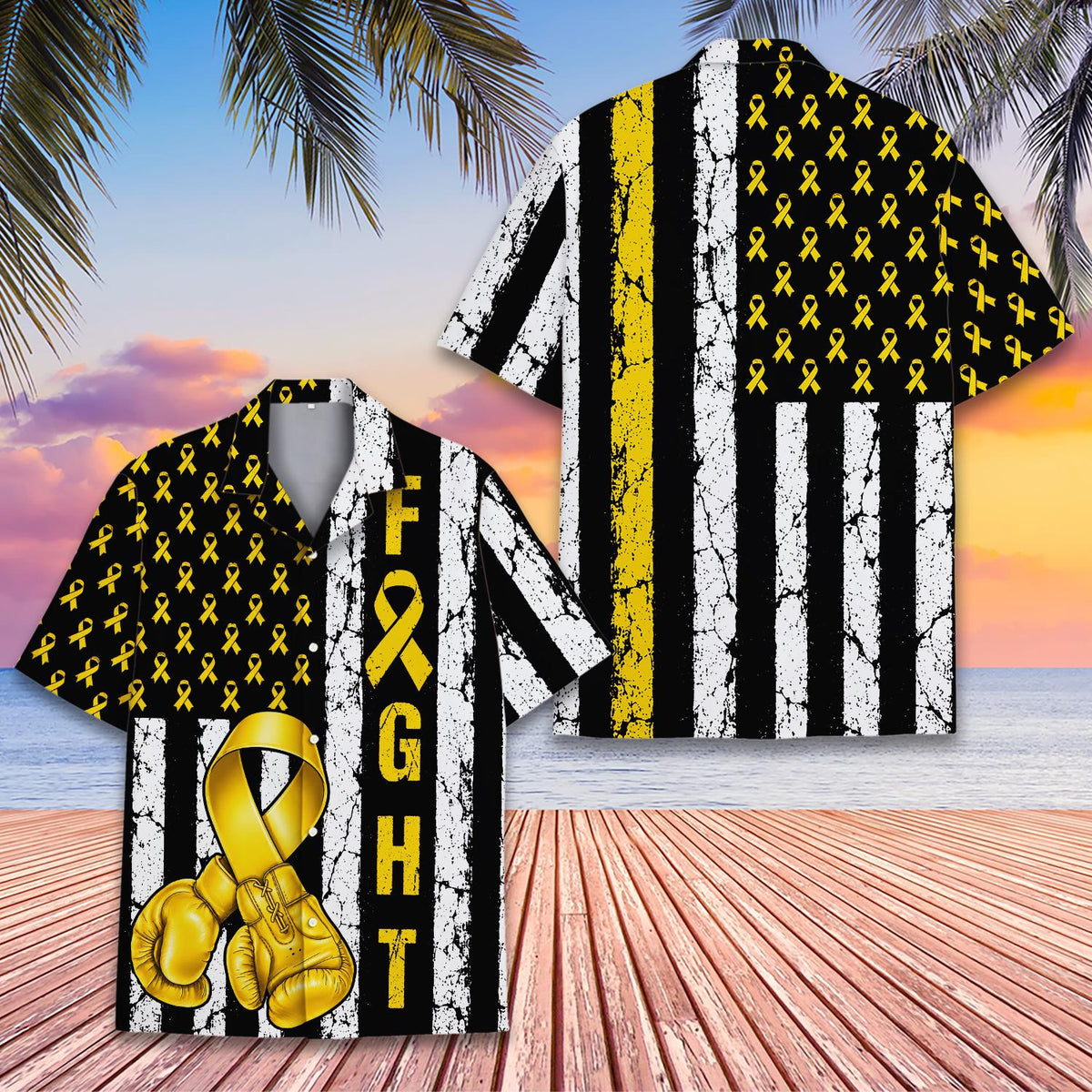 Childhood cancer awareness hawaiian shirt with boxing gloves, front view close-up