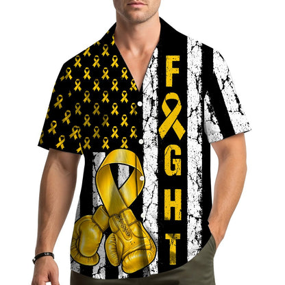 Childhood cancer awareness hawaiian shirt with distressed flag and yellow ribbons, main view