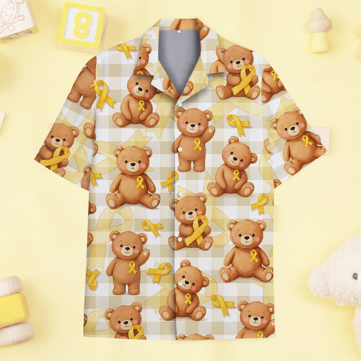 Front view of the childhood cancer awareness hawaiian shirt with teddy bear design