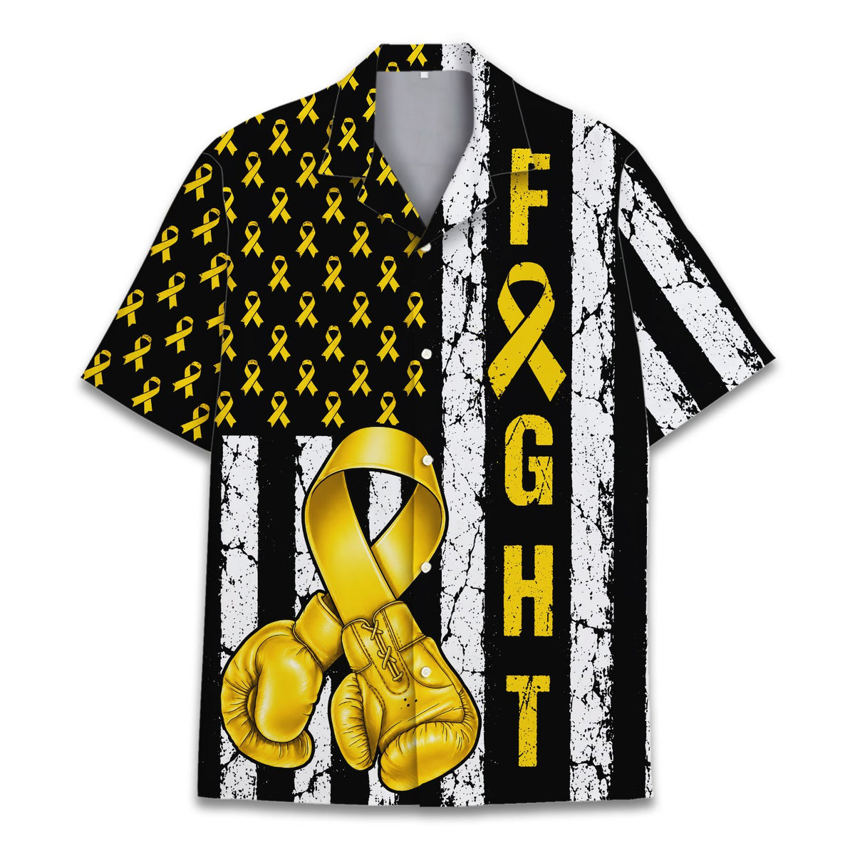 Lifestyle image of the childhood cancer awareness hawaiian shirt worn in an everyday setting