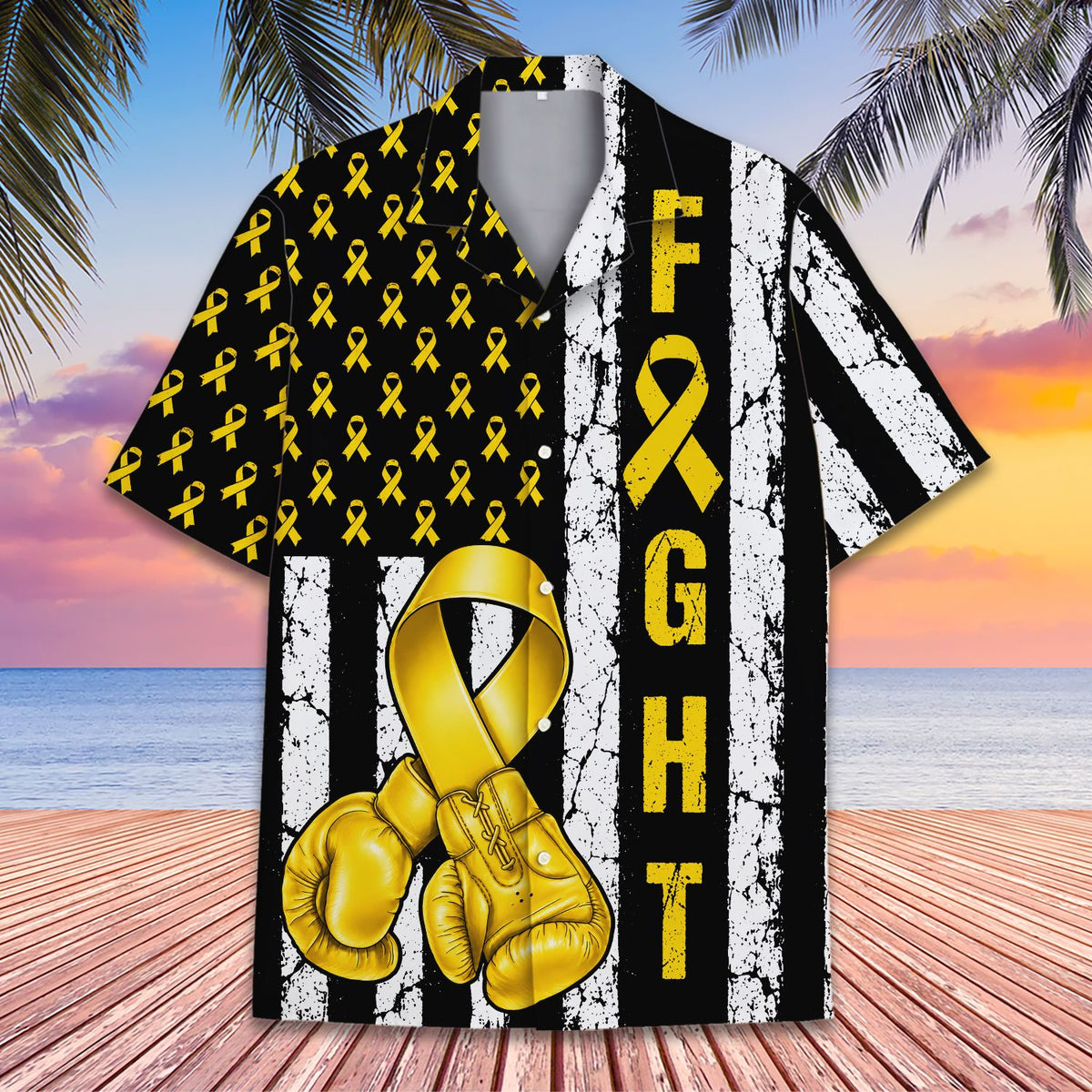 Lifestyle view showing the childhood cancer awareness hawaiian shirt fit and style