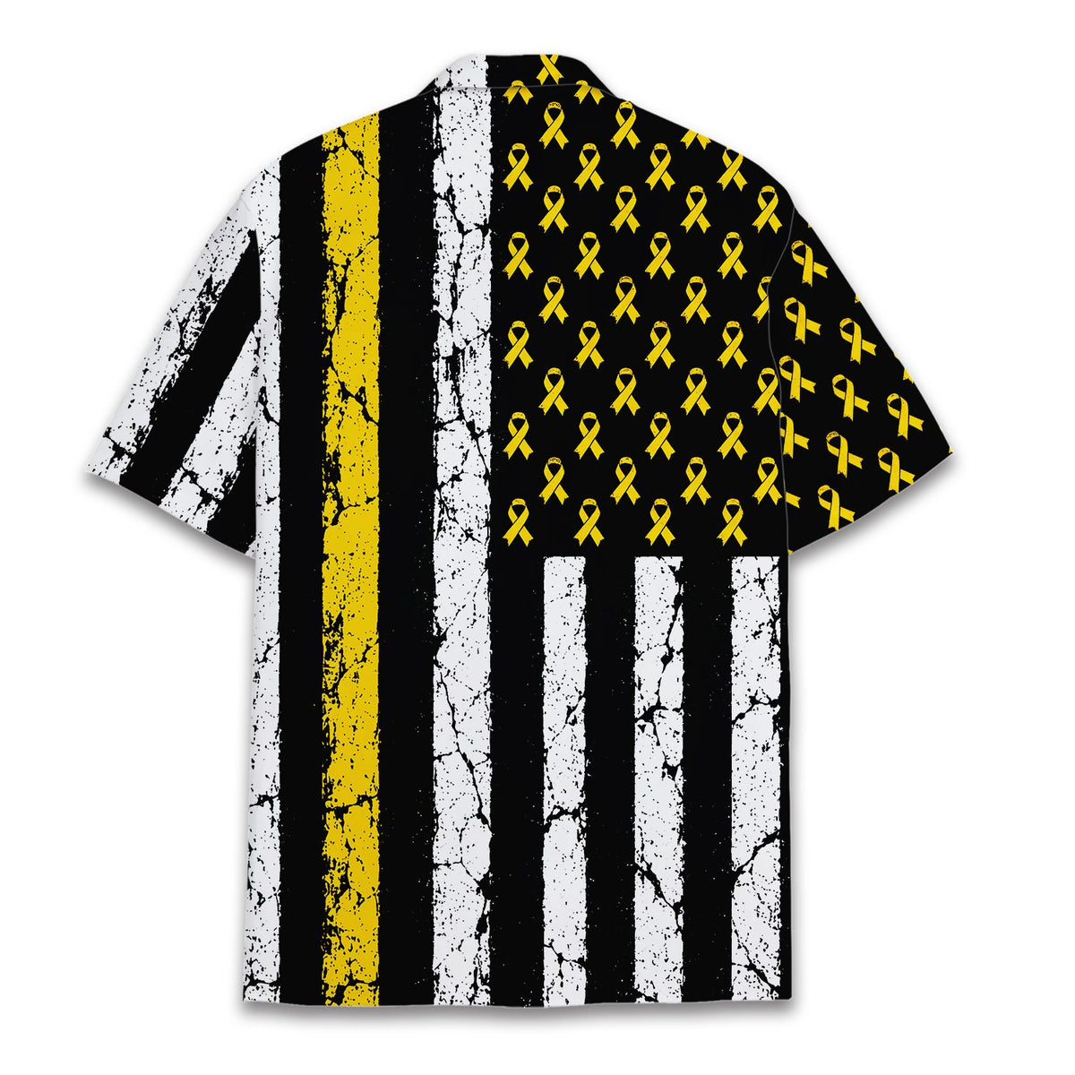 Lifestyle image of someone wearing the childhood cancer awareness hawaiian shirt outdoors