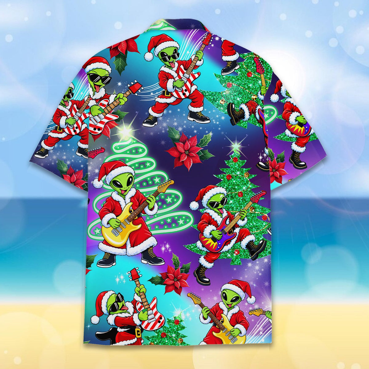 Alternate back view highlighting the stars and Christmas trees on the shirt