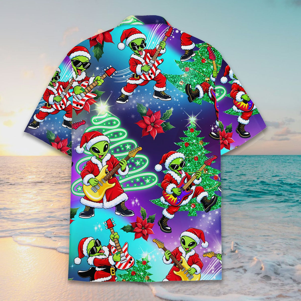 Back view of the purple and teal christmas alien hawaiian shirt