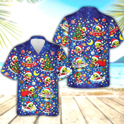 Front detail of the holiday alien hawaiian shirt with starry space background