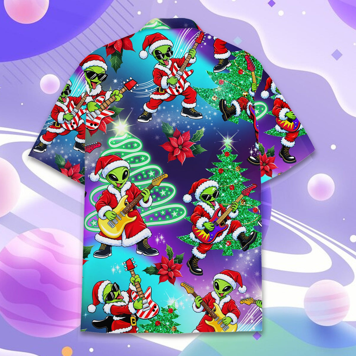 Another front view showcasing the vibrant holiday alien and poinsettia details