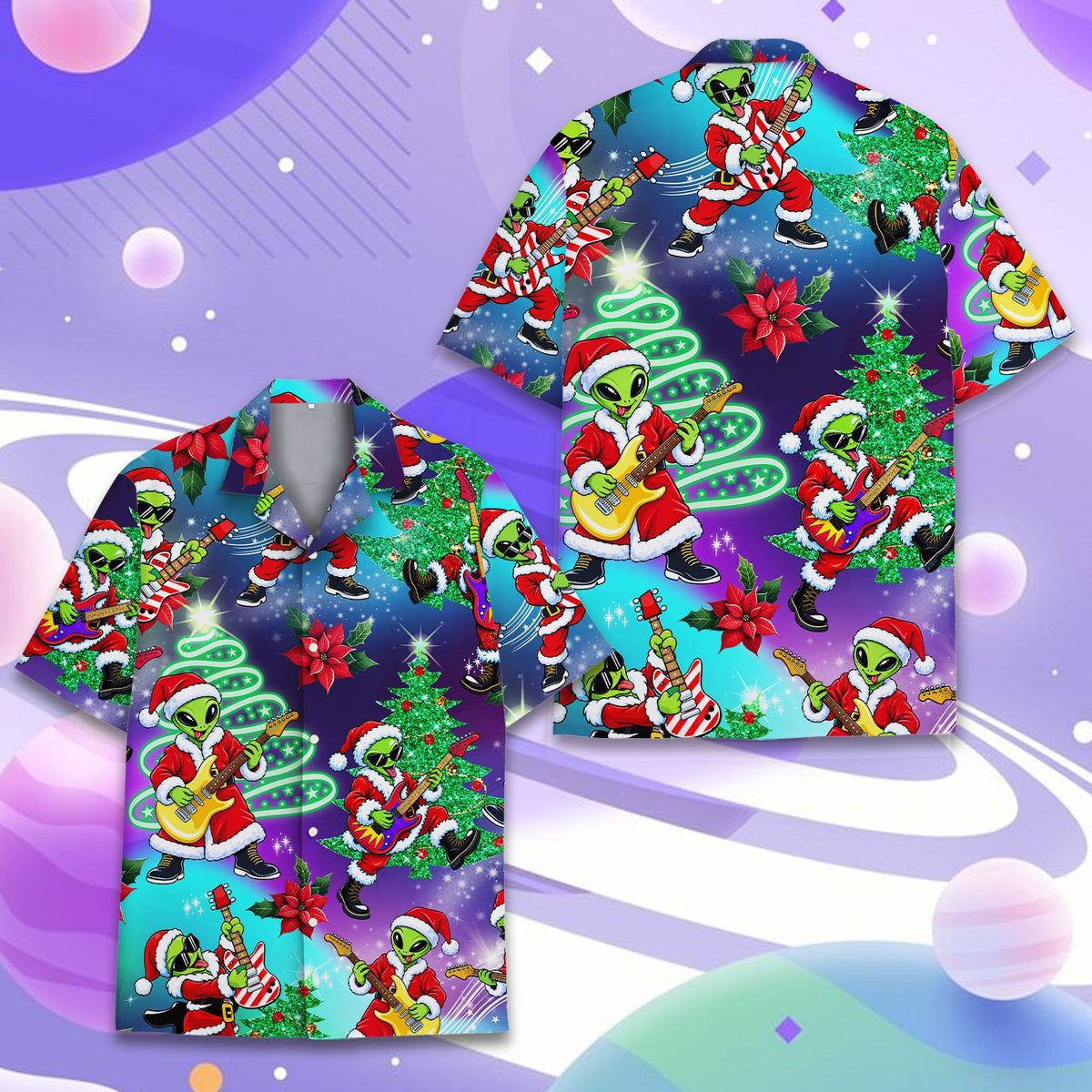 Close up front view of the alien wearing a Santa suit and sunglasses on the hawaiian shirt