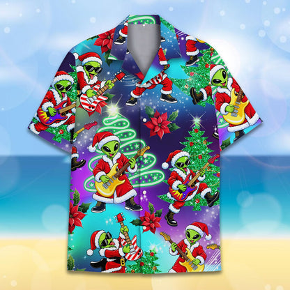 Main view of the christmas alien hawaiian shirt featuring a Santa alien playing guitar on a purple and teal background