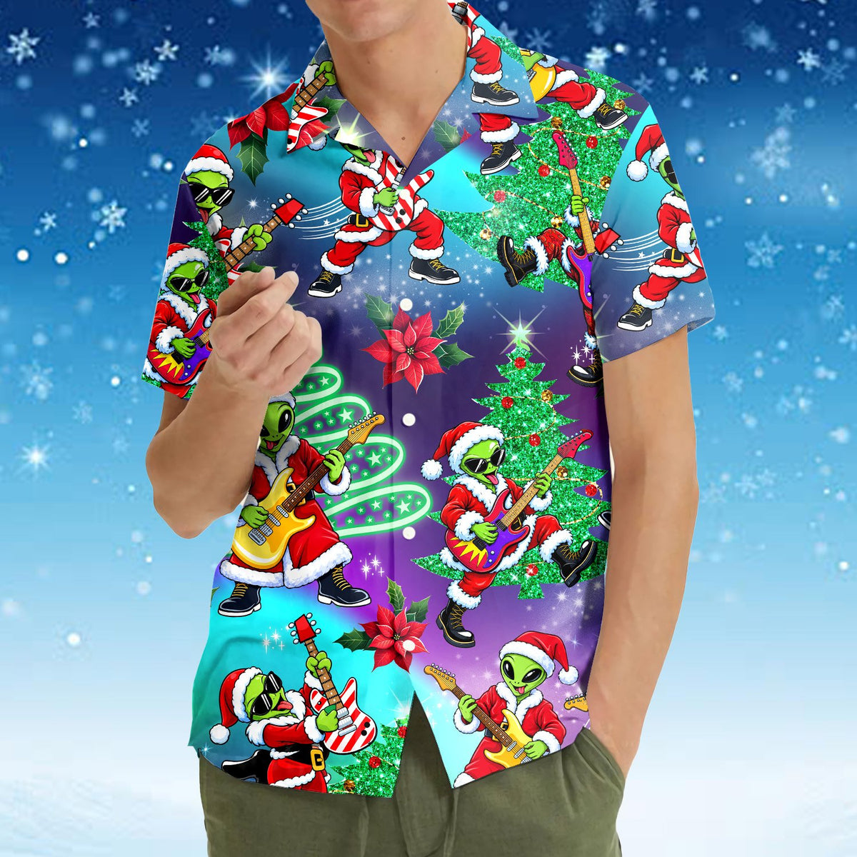Second lifestyle view showing the fun holiday alien hawaiian shirt in action