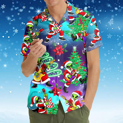 Second lifestyle view showing the fun holiday alien hawaiian shirt in action