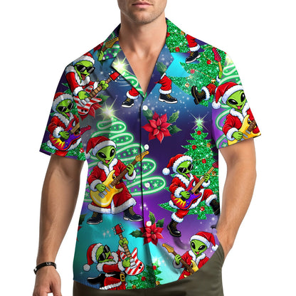 Lifestyle image of a family wearing the matching family hawaiian shirts with the Christmas alien design