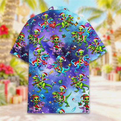 Back view of the christmas aliens and dinosaurs hawaiian shirt