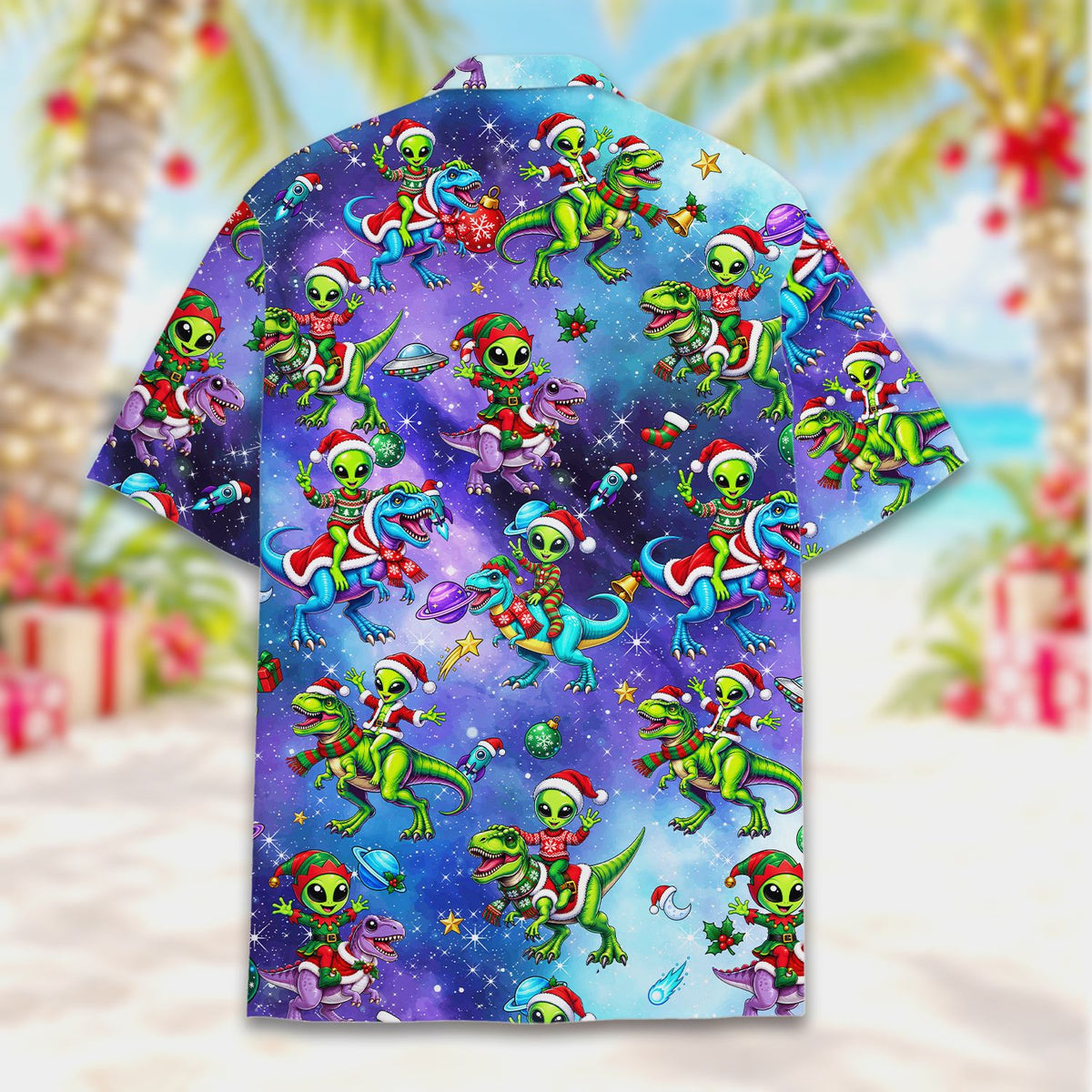 Detailed front view of the alien and dinosaur pattern on the Hawaiian shirt