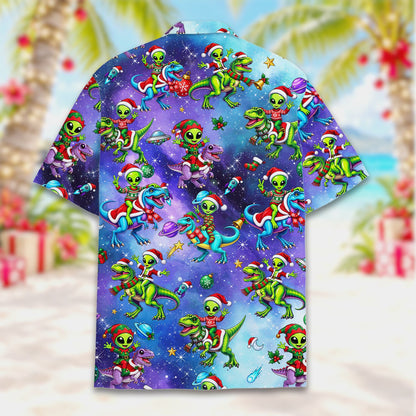 Detailed front view of the alien and dinosaur pattern on the Hawaiian shirt