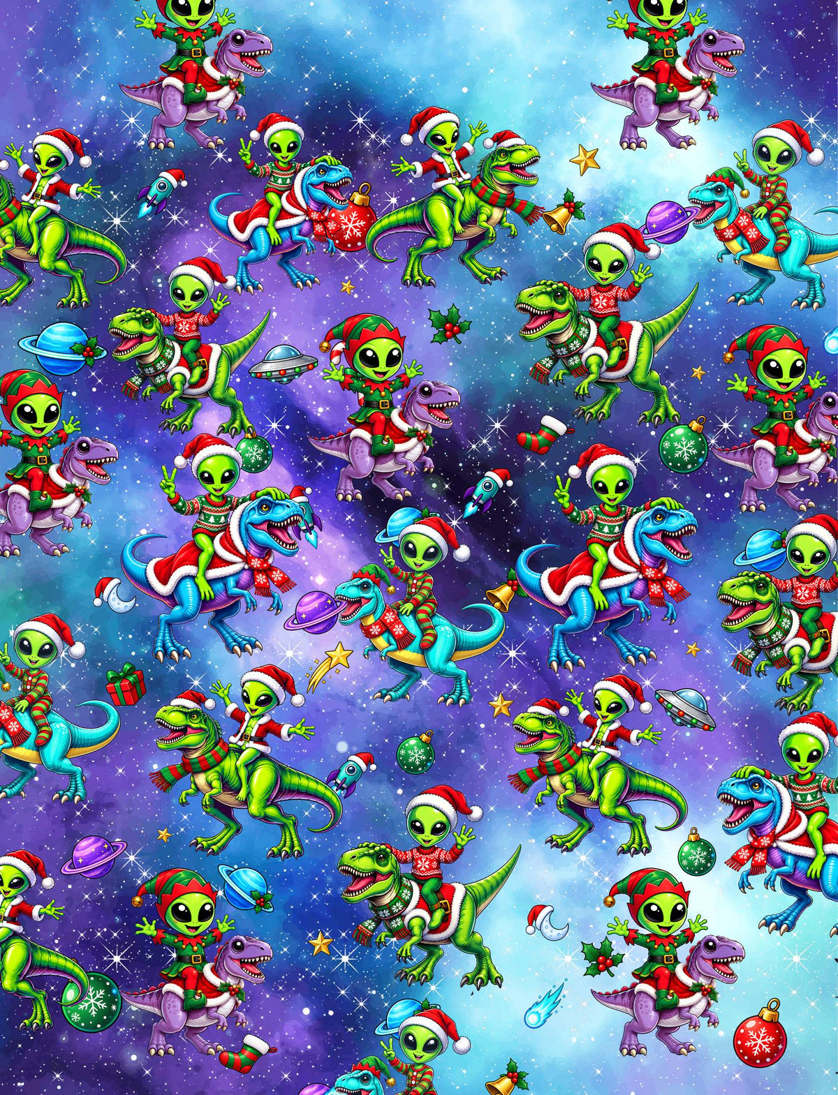 Another front view showcasing the holiday alien design on the Hawaiian shirt