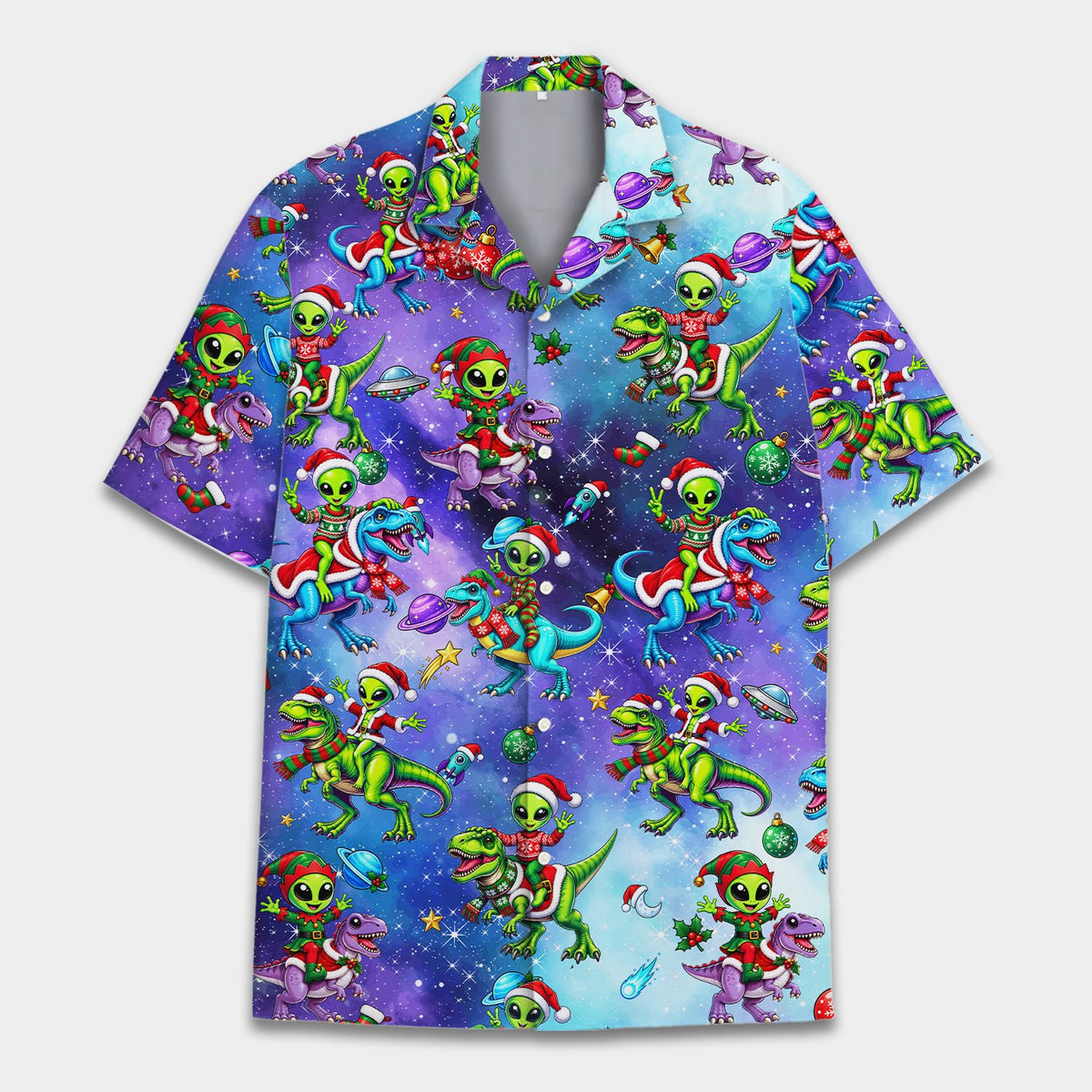 Front angle of the space-themed Christmas Hawaiian shirt
