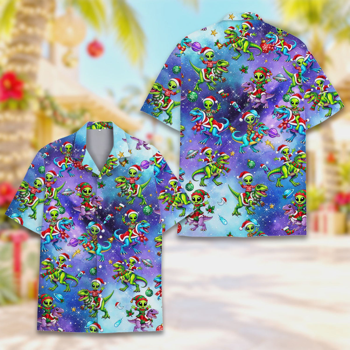 Close-up of the front buttons and print on the aliens and dinosaurs Hawaiian shirt